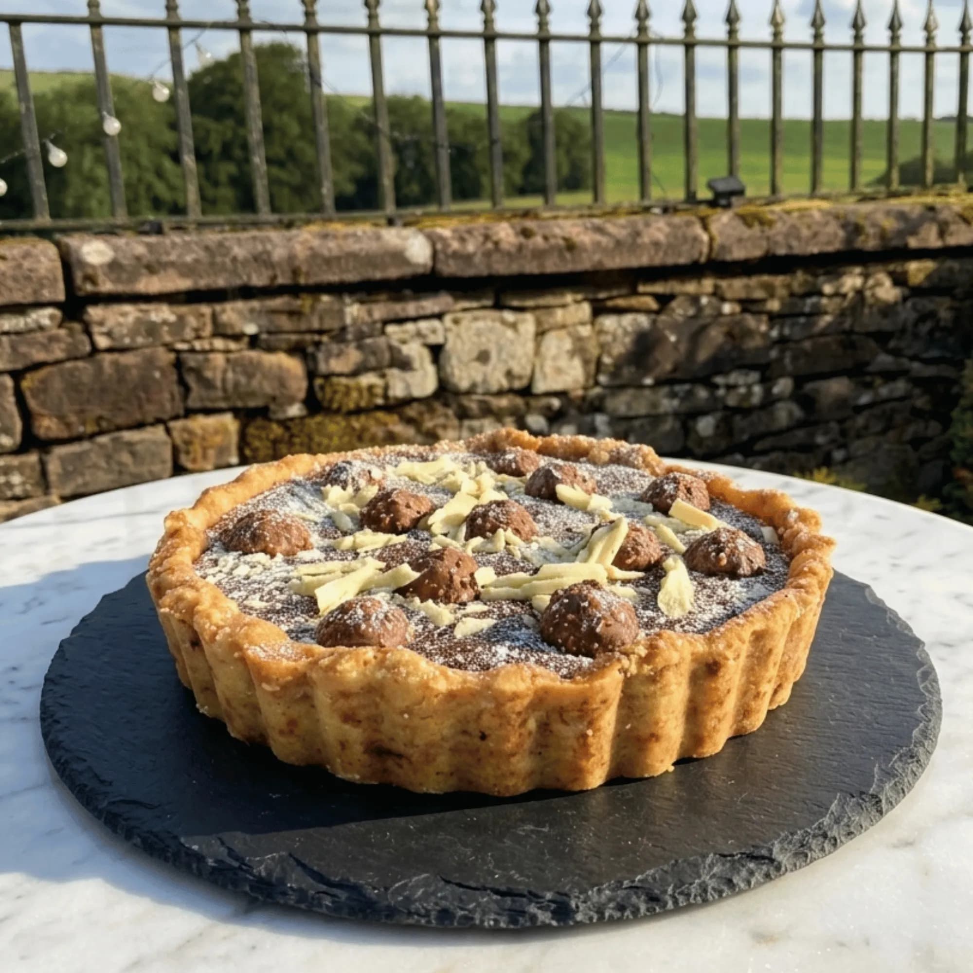 A whole hazelnut and dark chocolate tart, decorated with Ferrero Rocher and chopped white chocolate, on a slate board with the Peak District countryside behind.