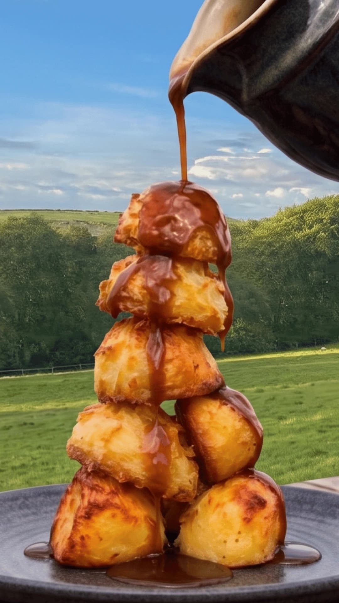Gravy poured over a tower of roast potatoes, with sheep grazing the fields behind Lane Head