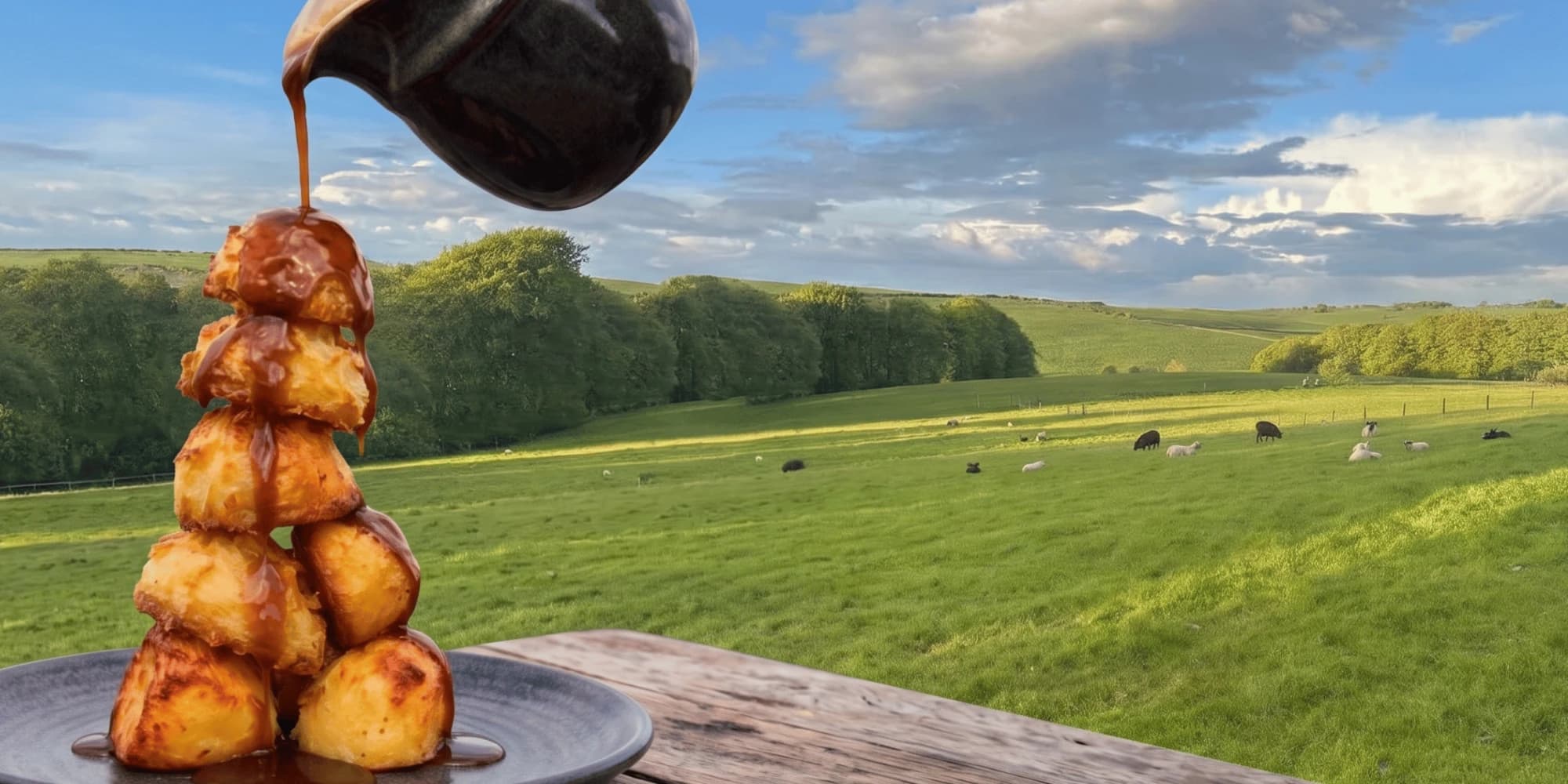 Gravy poured over a tower of roast potatoes, with sheep grazing the fields behind Lane Head