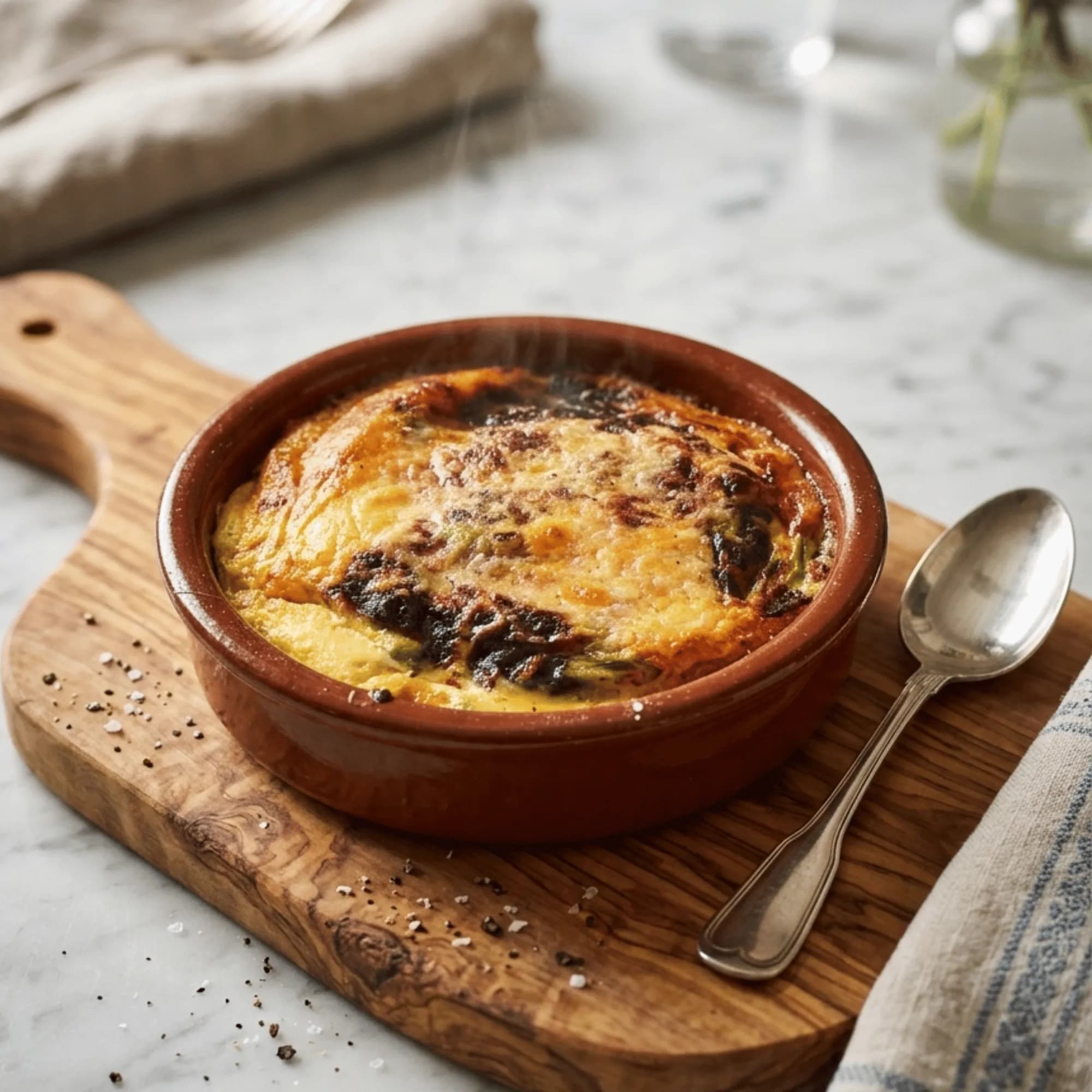 Omelette Arnold Bennett, golden and bubbling straight from the grill in a terracotta dish, on a wooden board with a spoon.