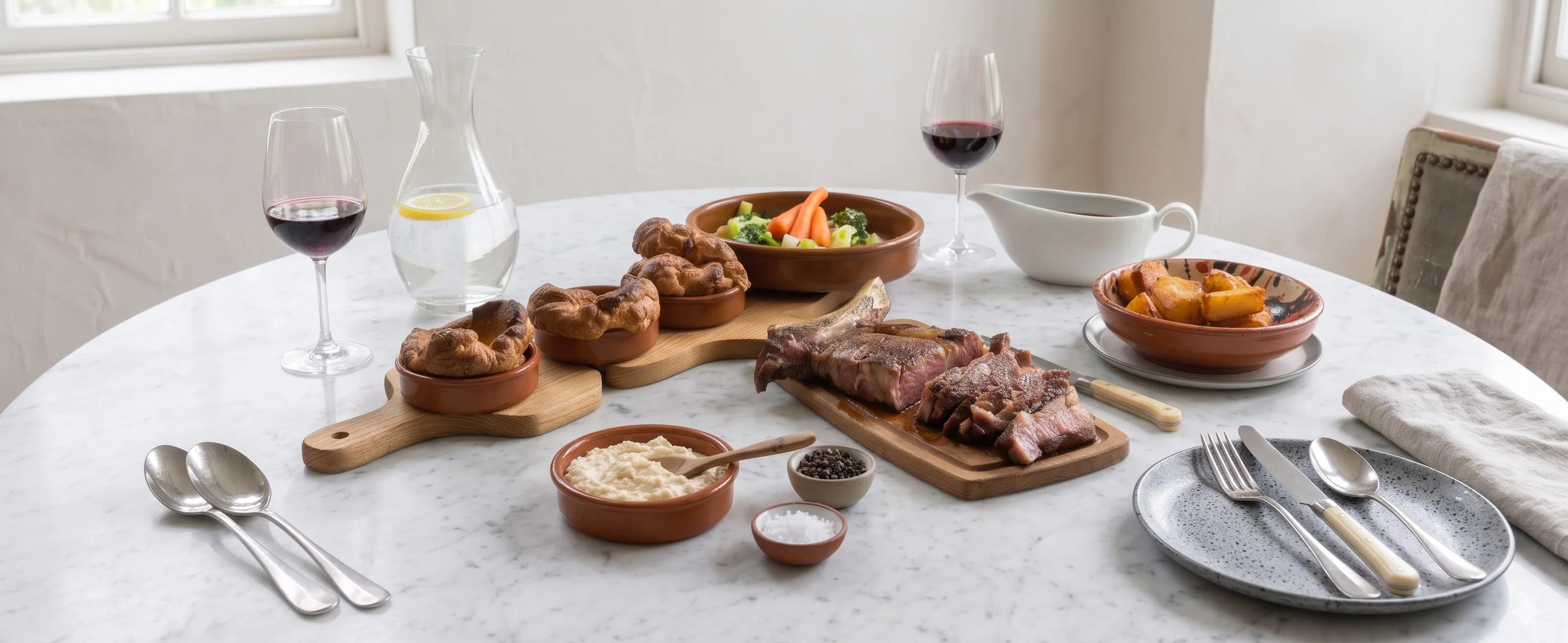 A family-style roast sirloin of beef dinner, laid out on a marble table with Yorkshire puddings, roast potatoes, vegetables and gravy