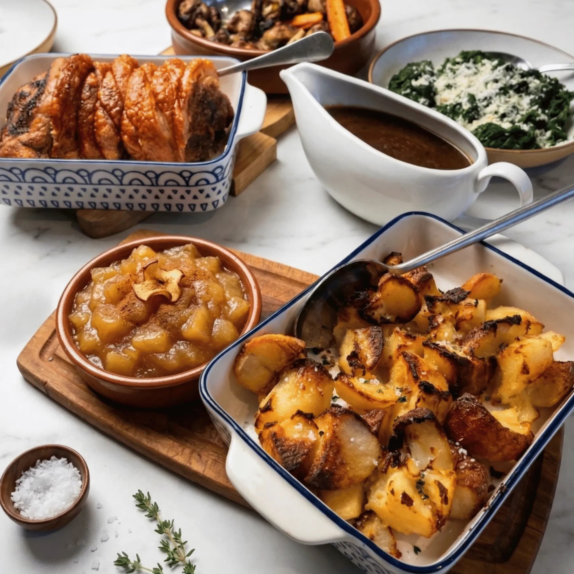 Sliced roast pork, roast potatoes, roasted vegetables, buttered greens, apple sauce and a jug of gravy laid out on a marble table.