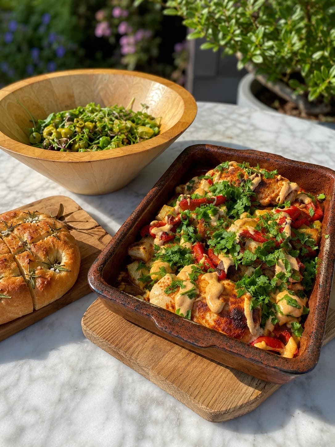Spanish Passion Chicken Traybake with smoked paprika alioli and parsley, served with a green salad and rosemary focaccia in the garden.